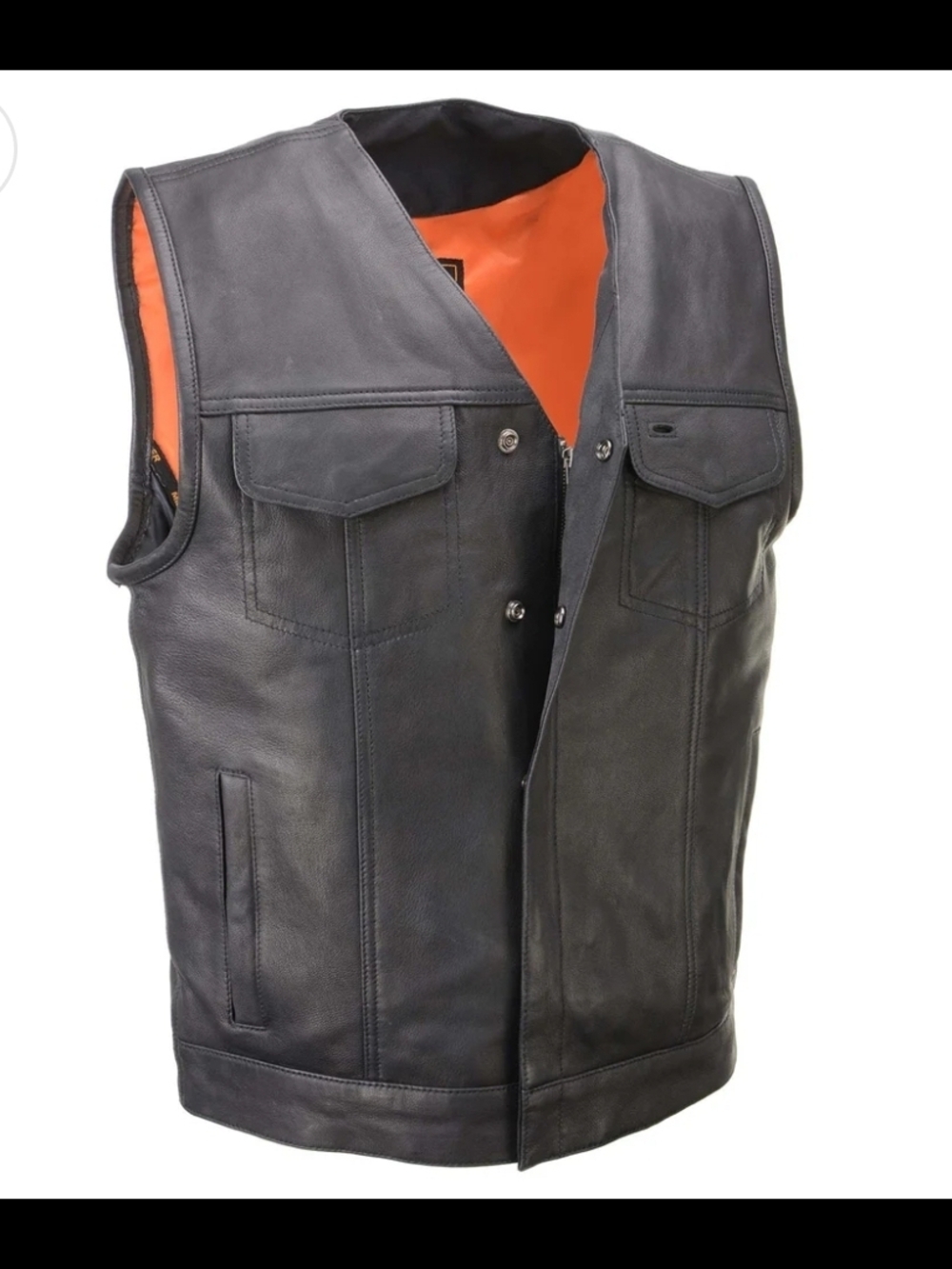 Men's Black Leather Vest with Orange Lining